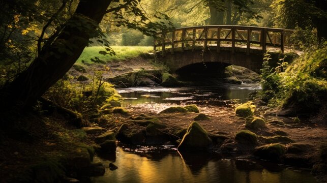 A photo of a weathered wooden bridge over a babbling brook