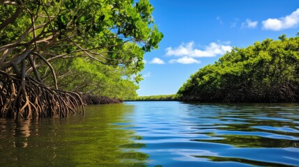 A photo of an estuary with mangrove trees