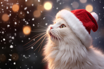 Cat wearing red Santa Claus hat. Christmas cat. Santa's helper. White Cat with Santa red hat on snow background. - 742894149