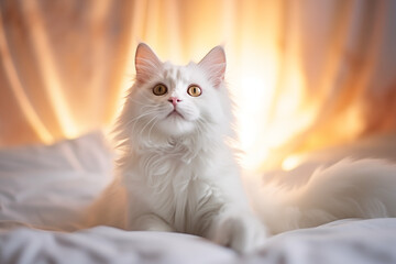 Portrait of white cat lying on bed - 742894150