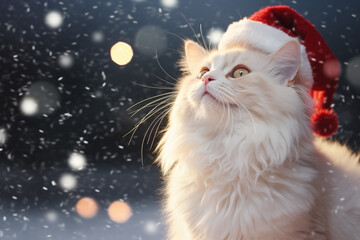 Cat wearing red Santa Claus hat. Christmas cat. Santa's helper. White  Cat with Santa red  hat on  snow  background.