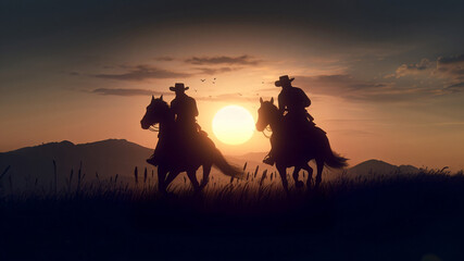 silhouette of two horses on sunset