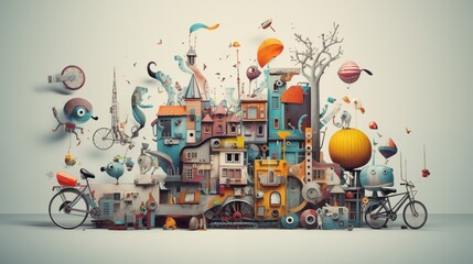 Whimsical 3D illustration of a cityscape with bicycles, animals, and surreal elements.