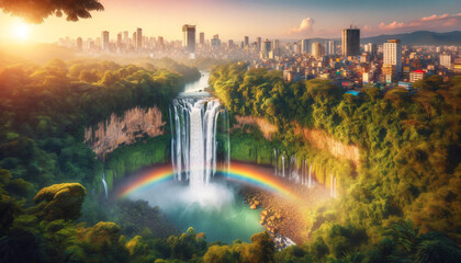 rainbow over the city and forest - obrazy, fototapety, plakaty
