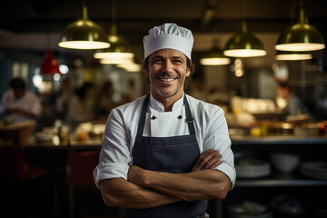 Portrait of a smiling male chef with cooked food standing in the kitchen - 742895336