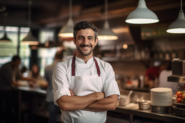 Portrait of a smiling male chef  standing in the kitchen - 742895572