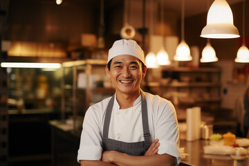 Portrait of a smiling male chef with cooked food standing in the kitchen - 742895597