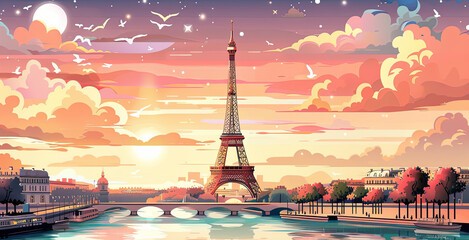 Charming flat design of the iconic Eiffel Tower against a pastel sky, enhanced with simple Parisian elements including the Seine River and cafes, copyspace