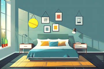 Modern bedroom interior flat color illustration. Cozy living room. Residential lifestyle.
