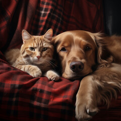 Adorable cat and dog resting together on sofa indoors. Animal friendship - 742896334