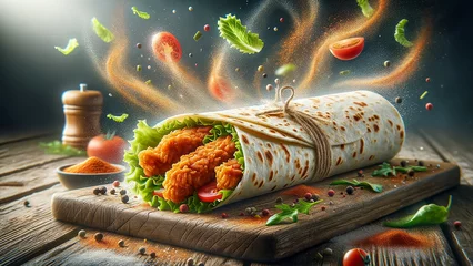 Fototapeten  fresh grilled chicken wrap roll, with ingredients like lettuce, tomatoes, grilled chicken © chopoo