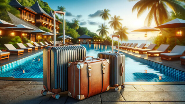 luggage suitcases beside a resort swimming pool, illustrating tourism and getaway concepts.