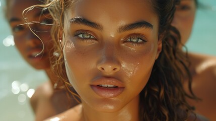 Obraz premium Young girl with freckles in sunlight on the beach. Natural beauty close-up.