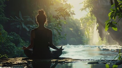 Illustration AI horizontal person meditating by the river at sunrise. Lifestyle concept.