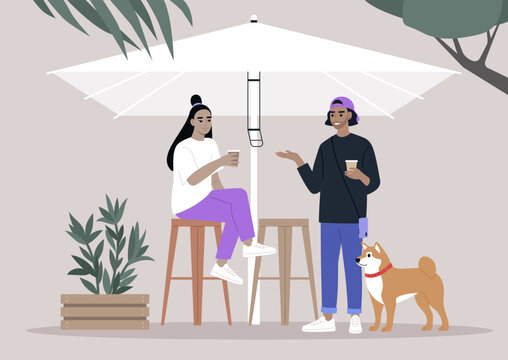 Serene Afternoon at a Backyard Gathering With Friends and a Shiba Inu, Two characters enjoying a conversation with a dog by their side under the shade of an umbrella