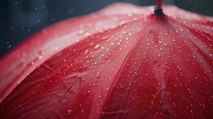 Illustration AI horizontal red umbrella with water droplets close-up. Objects, environment concept. - obrazy, fototapety, plakaty