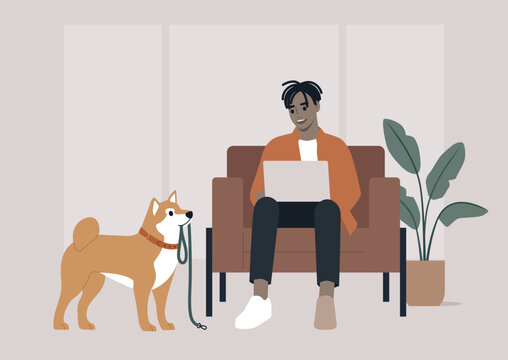 During a crucial business call, the character's Shiba Inu persistently tries to grab their attention by bringing a leash, hinting at a longing for a walk outside