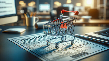 shopping cart placed on top of a delivery bill, with a blurred office background. - obrazy, fototapety, plakaty