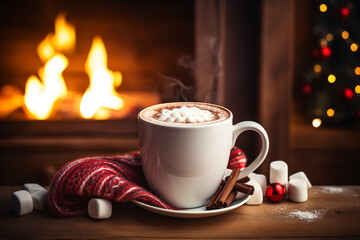 Steaming hot caramel latte in glass mug on wooden background, cinnamon sticks, christmas mood