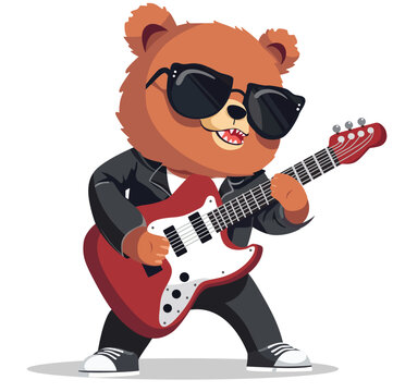 Cute rockstar bear playing guitar, vector illustration