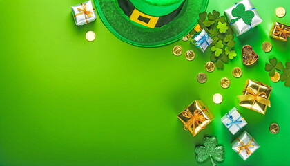 St. Patrick's Day themed banner. Featuring leprechaun hats, gift boxes, and gold coins on a green background - obrazy, fototapety, plakaty