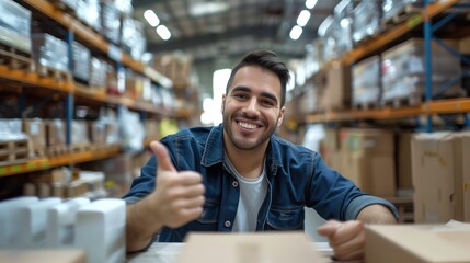 Obraz premium Young cheerful latino or hispanic man smiling at camera with toothy smile and his thumbs up at warehouse distribution packaging centre for logistics and delivery purposes