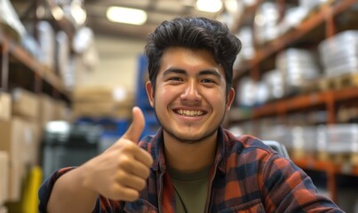 Naklejka premium Young cheerful latino or hispanic man smiling at camera with toothy smile and his thumbs up at warehouse distribution packaging centre for logistics and delivery purposes