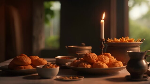 serene and inviting scene of a meal setup, featuring various types of bread and snacks, illuminated by the soft glow of a candle,A Candlelit Feast