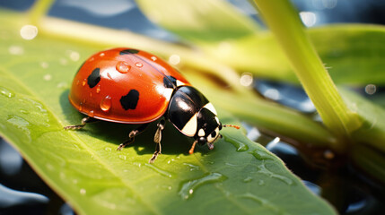 Fototapeta premium A ladybug on a leaf in the field.