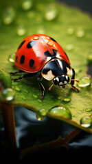 Naklejka premium A ladybug on a leaf in the field.