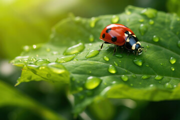 A ladybug on a leaf in the field.
