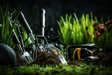 Gardening - Set Of Tools For Gardener And Flowerpots In Sunny Garden On the grass  - 742898183