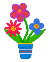 colorful flower made from plasticine in flower pot on white background