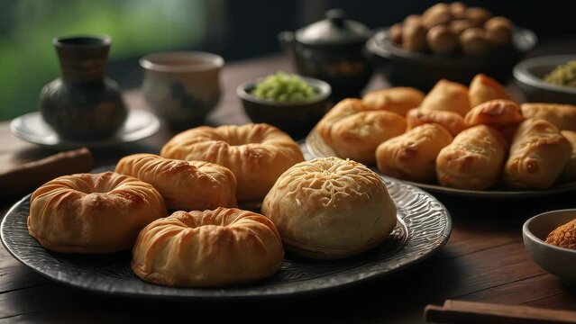 Video animation of baked Asian pastries displayed on a dark wooden table, accompanied by traditional tea sets and condiments