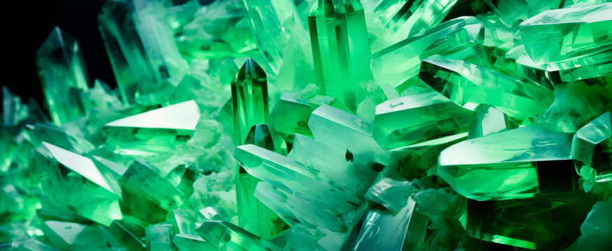 Vivid green crystals radiate luminosity, with sharp edges and geometric clarity suggestive of natural mineral growth, highlighted against a dark backdrop