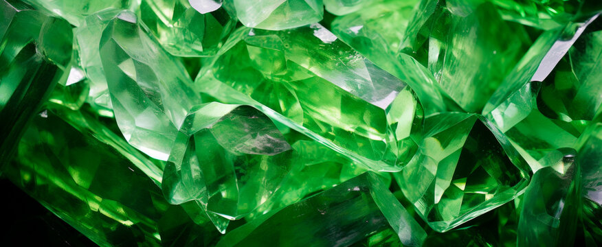 Vivid green chrysolite crystals shimmer with reflected light, evoking luxury and value but also artificiality