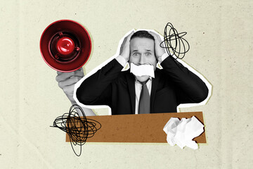 Collage picture young scared muted speechless businessman corporate worker employee nervous stressed touch head bullhorn megaphone