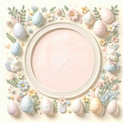 Fototapeta na wymiar Soft Pastel Easter Frame with Delicate Floral Arrangement 