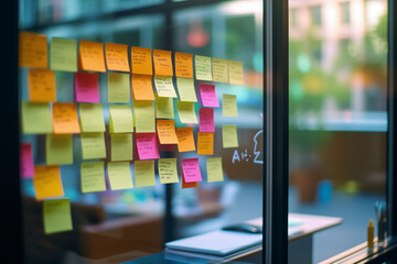 Sticky notes on the glass wall in the office  - 742900117