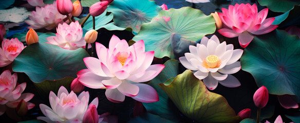 Vibrant water lilies bloom on serene pond; mix of open flowers and buds signify growth and tranquility with a hint of mystery within the shadows