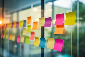 Sticky notes on the glass wall in the office  - 742900165