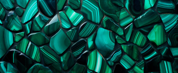 Vivid green malachite stones with unique stripes form a textured backdrop, exuding a sense of luxury and natural beauty - obrazy, fototapety, plakaty
