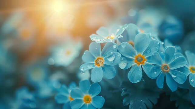 Forget-me-not close-up captures dewdrop reflecting sunlight, empty space for text