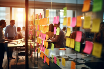 business people post it notes in glass wall at meeting room - 742900389