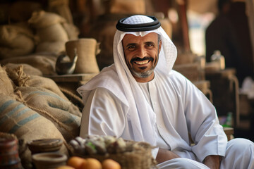 Arab man sitting next to the food he sells in the market.