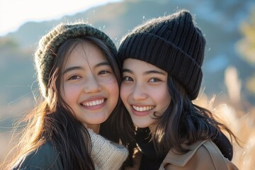 heartwarming scene of pure joy, two young girls smile brightly as they embrace each other in a loving hug, their happiness radiating