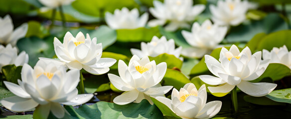 Serene pond abundant with blooming white water lilies and lush green pads, symbolizing peace and purity