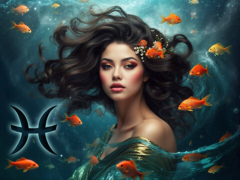 Pisces woman with the zodiac symbol Pisces, fish and underwater like astrology illustration of zodiacal women 