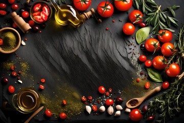 Food background. Top view of olive oil, cherry tomato, herbs and spices on rustic black slate. Colorful food ingredients border