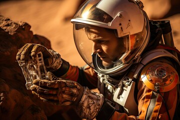 Astronaut in helmet and spacesuit exploring the planet Mars. People in space. Astronaut exploring an alien planet. Sci-fi colonist in spacesuit. space travel.
